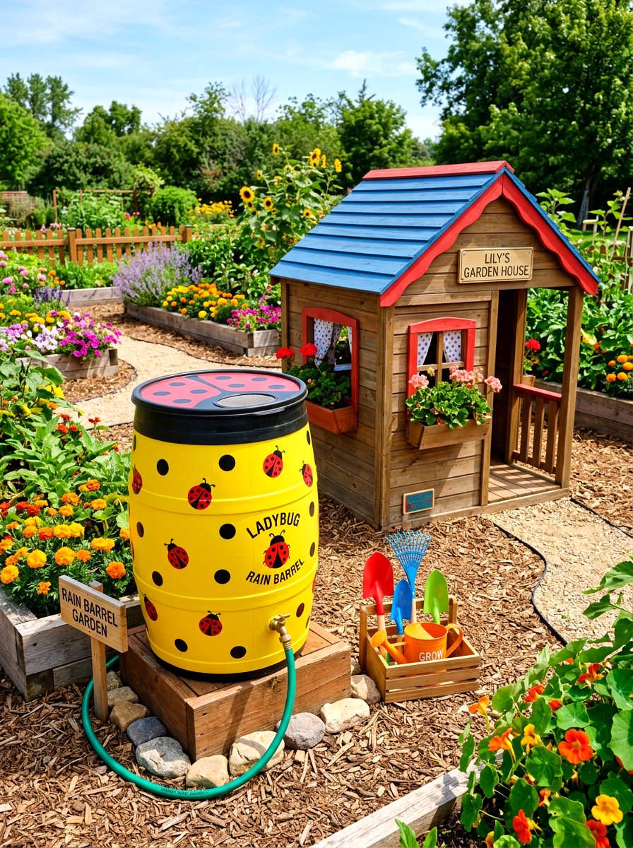 Childrens garden colorful rain barrel - 30 rain barrel ideas