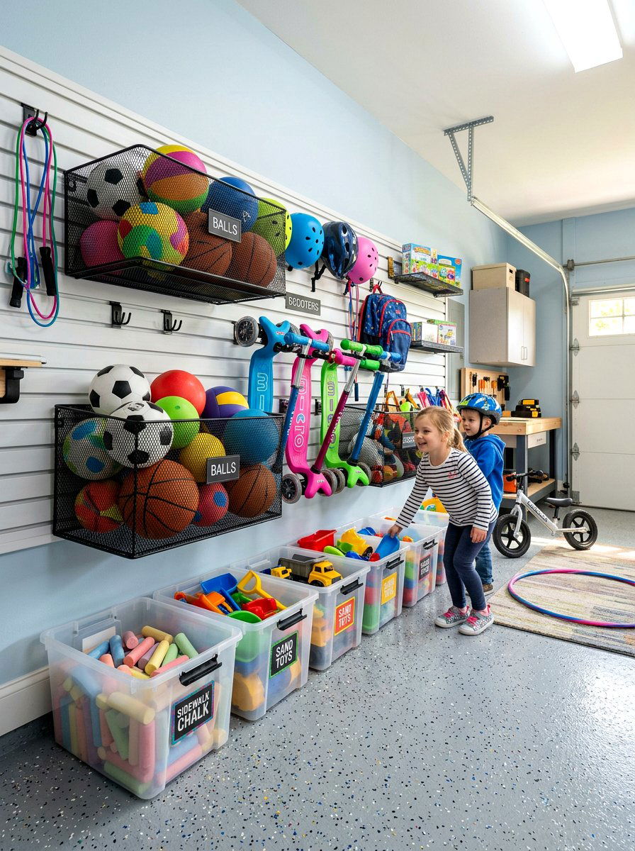 Childrens toy storage area - 30 garage slatwall ideas