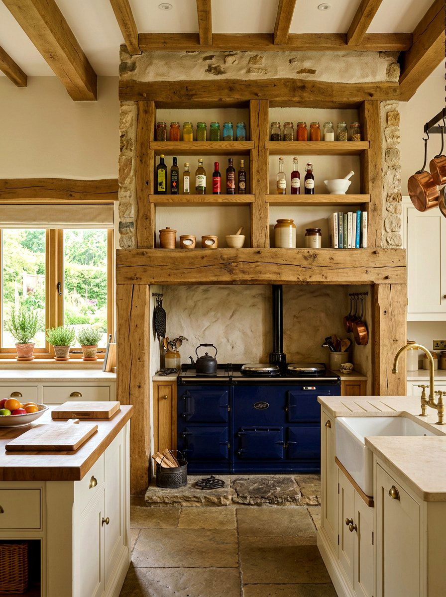 Chimney Breast Shelving - 30 English country kitchen shelf ideas