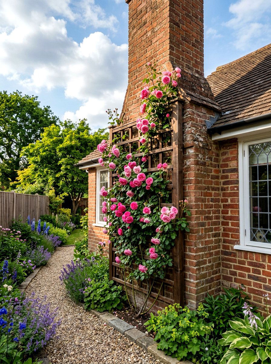 Chimney side trellis - 30 climbing rose trellis ideas