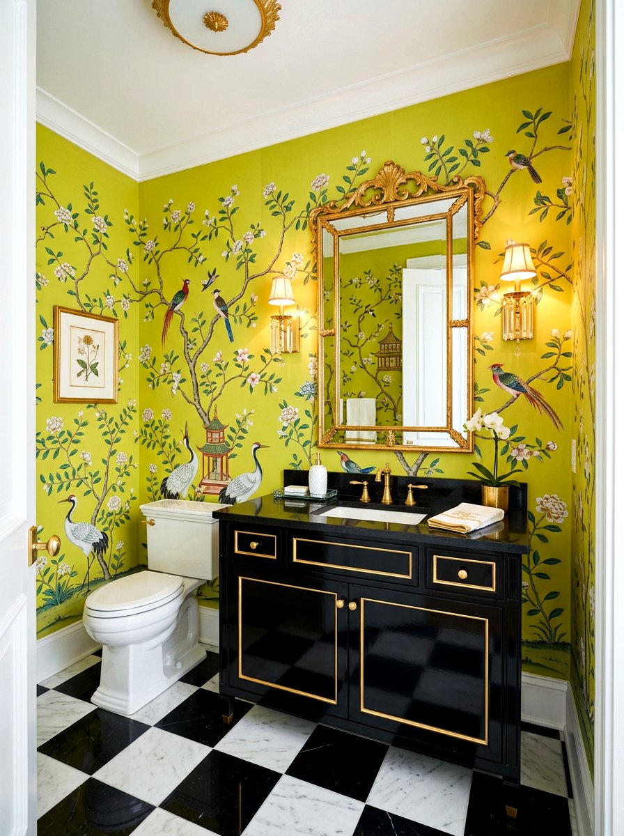 Chinoiserie Chartreuse Wallpaper - 30 chartreuse powder room ideas