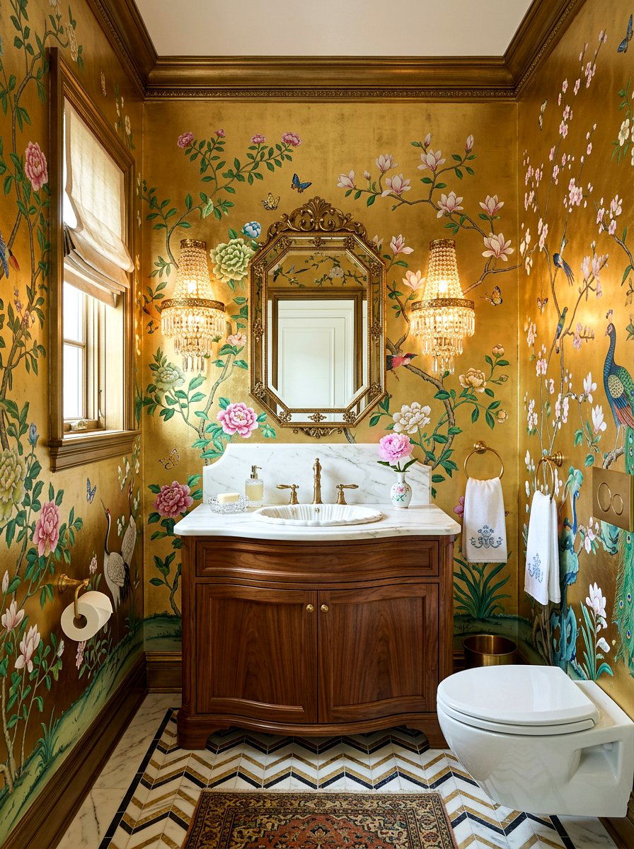 Chinoiserie Garden Mural - 30 landscape mural powder room ideas
