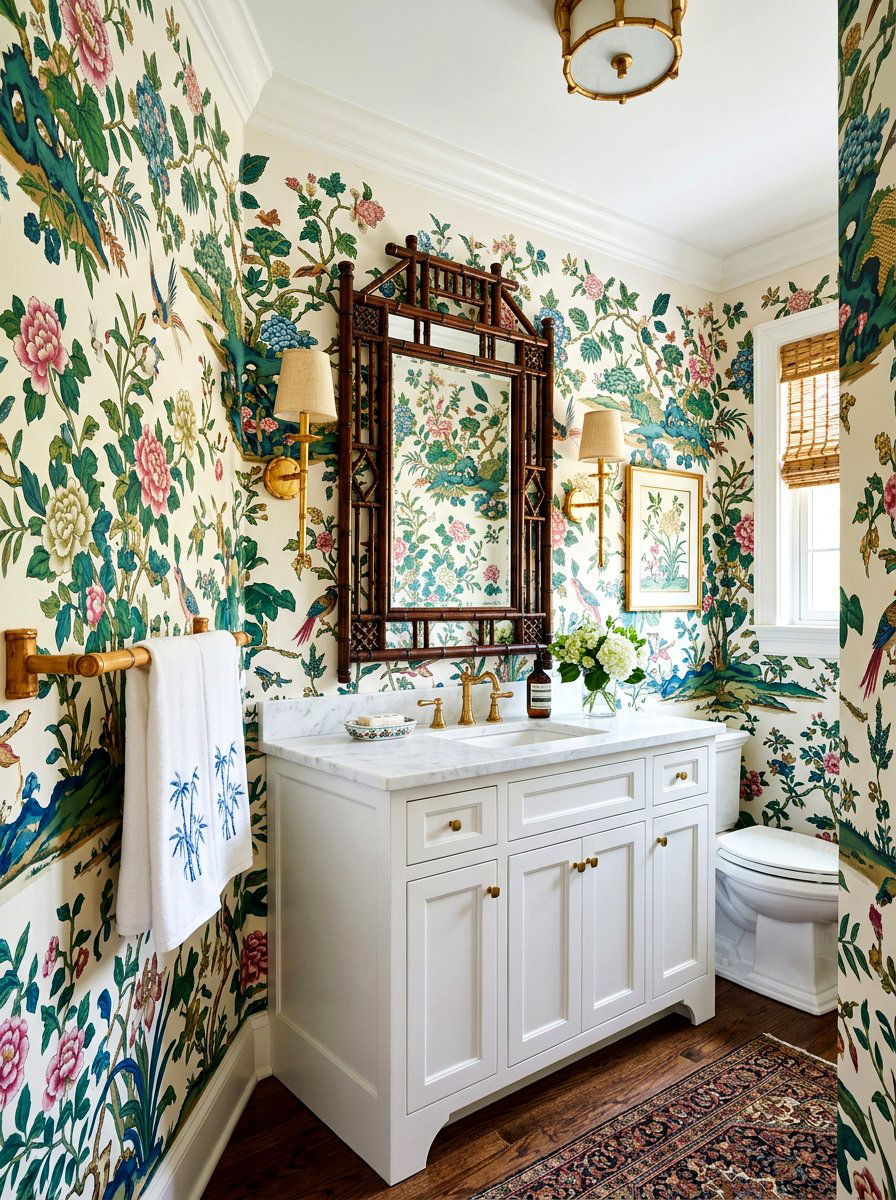 Chinoiserie Powder Room With Bamboo Mirror - 30 chinoiserie powder room ideas