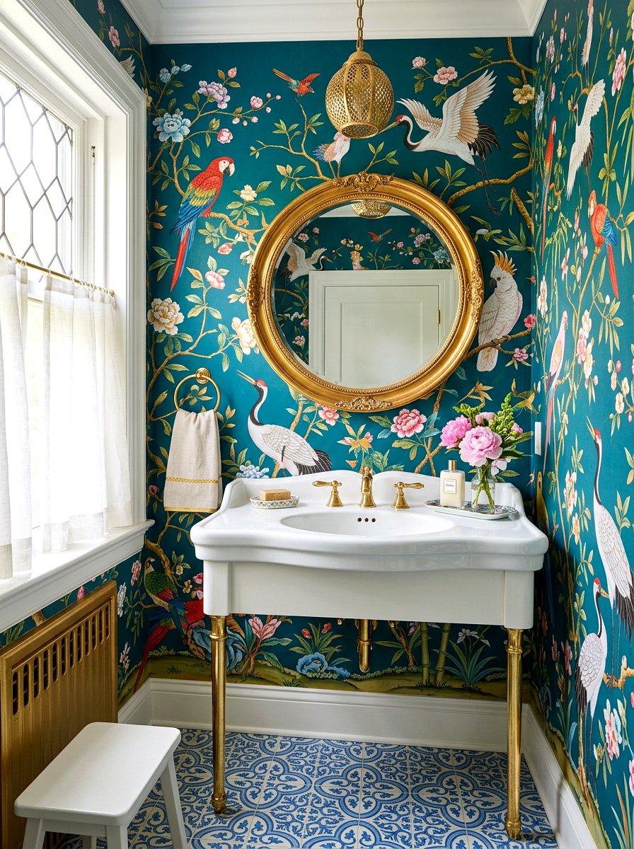 Chinoiserie Powder Room With Bird Wallpaper - 30 chinoiserie powder room ideas