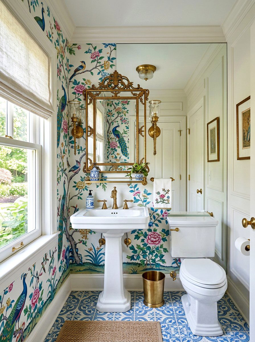 Chinoiserie Powder Room With Brass Hardware - 30 chinoiserie powder room ideas