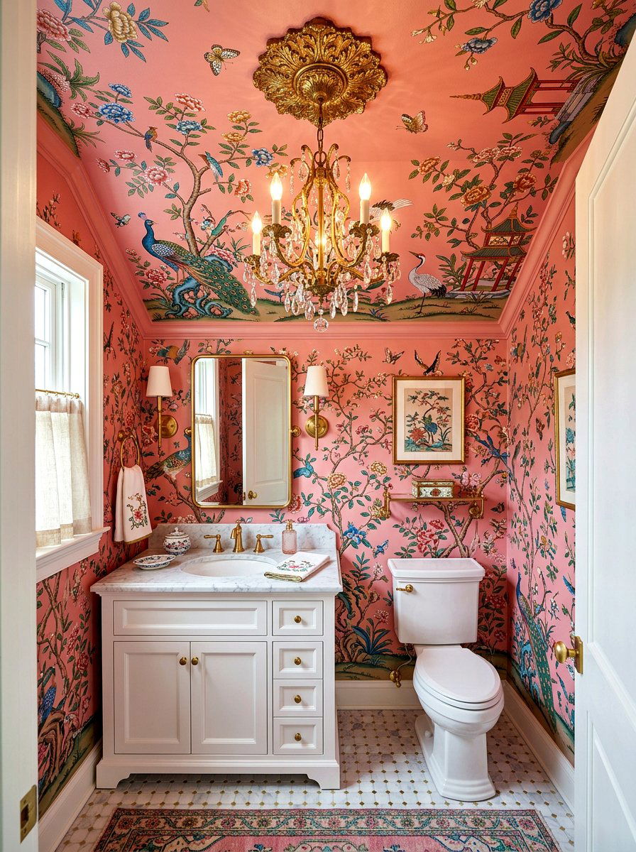 Chinoiserie Powder Room With Colorful Ceiling - 30 chinoiserie powder room ideas