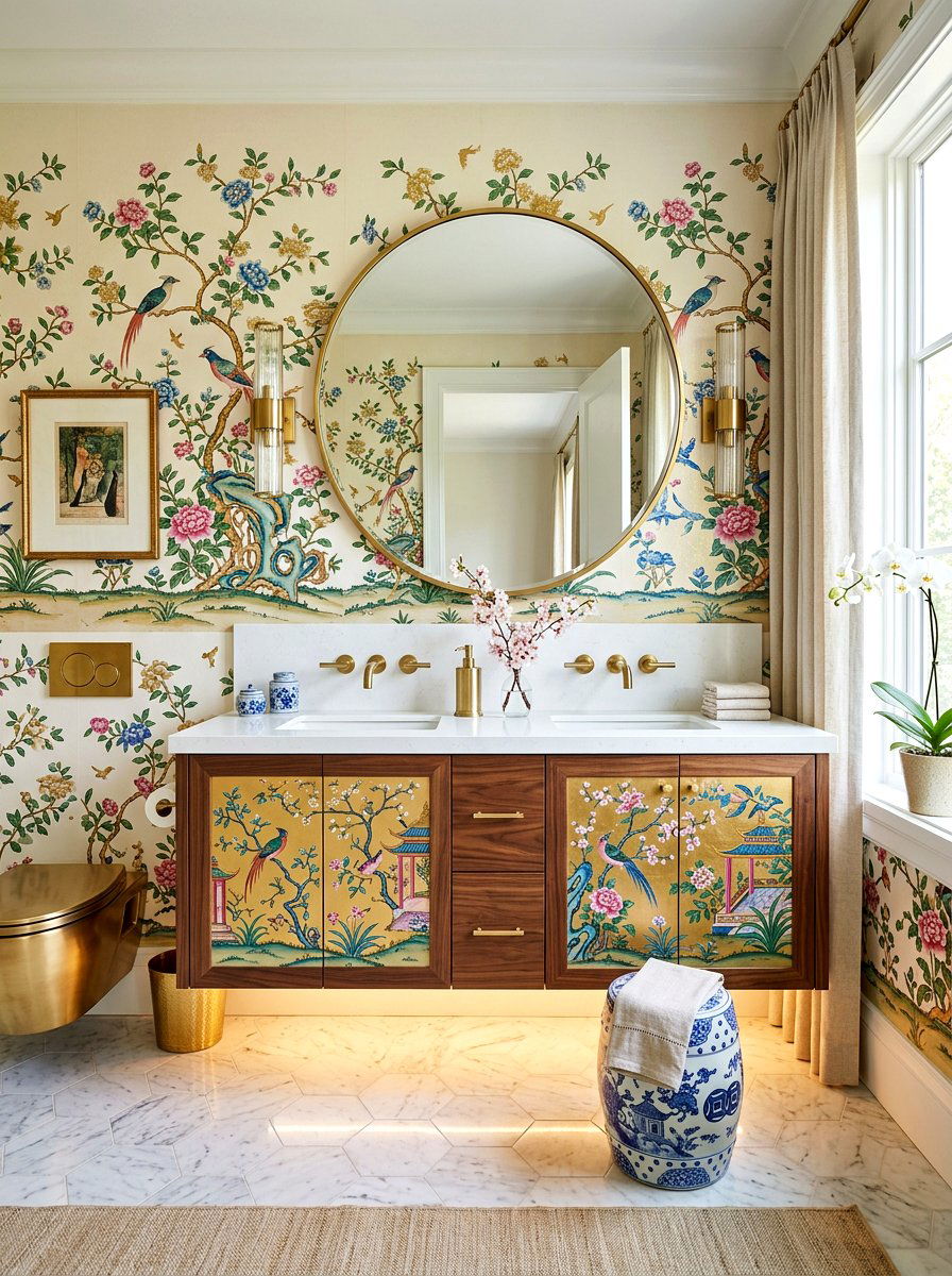 Chinoiserie Powder Room With Floating Vanity - 30 chinoiserie powder room ideas