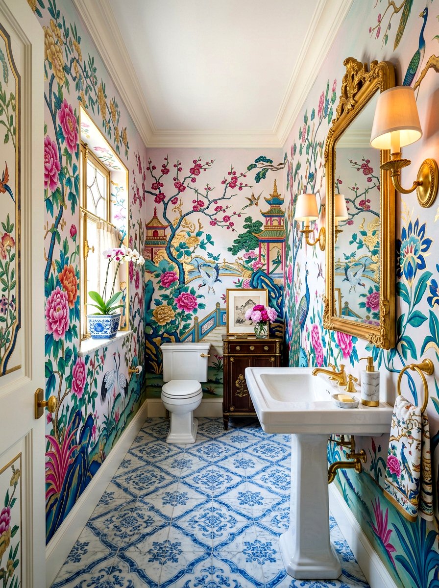 Chinoiserie Powder Room With Floral Murals - 30 chinoiserie powder room ideas