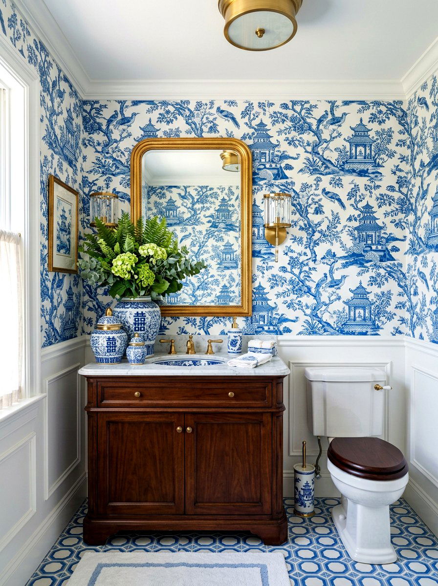 Chinoiserie Powder Room With Ginger Jar Decor - 30 chinoiserie powder room ideas