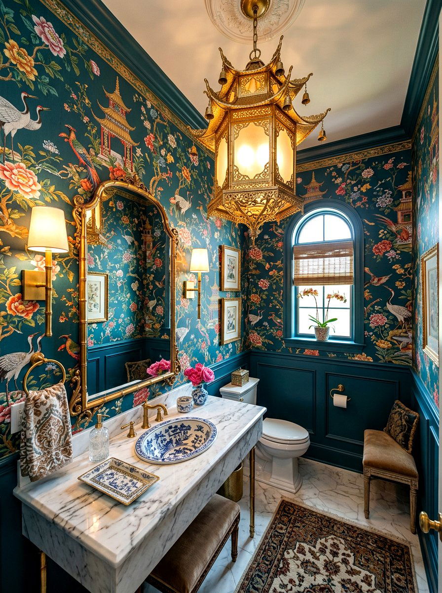 Chinoiserie Powder Room With Pagoda Lantern - 30 chinoiserie powder room ideas