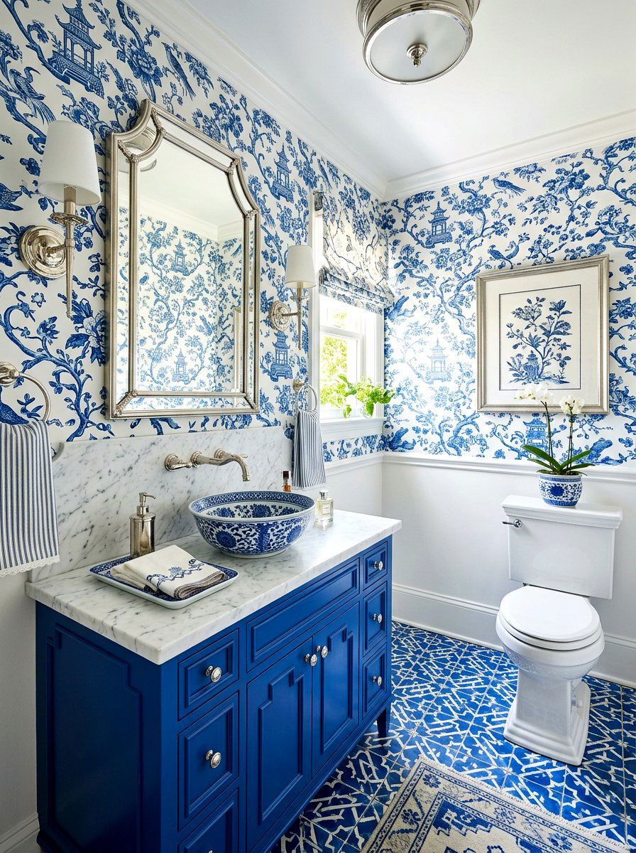 Chinoiserie Powder Room With Patterned Tile - 30 chinoiserie powder room ideas