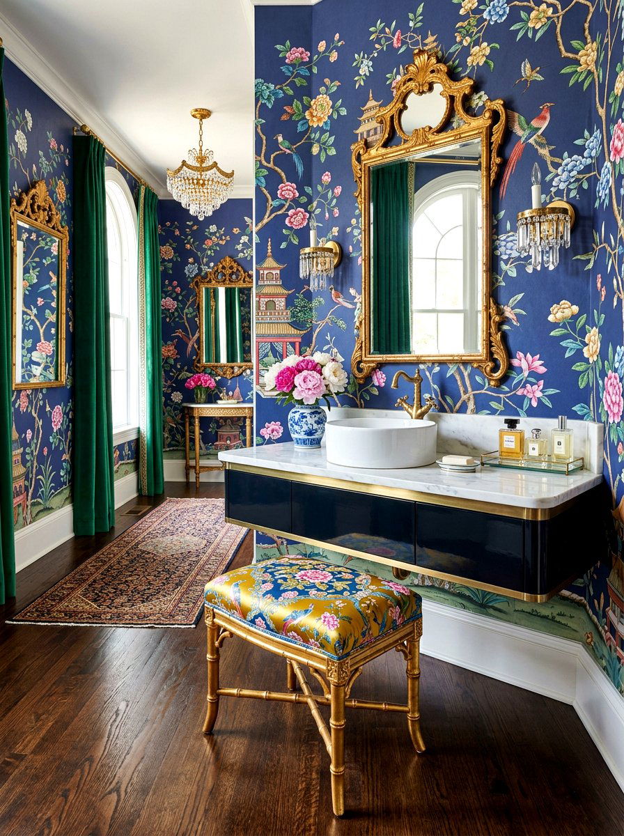 Chinoiserie Powder Room With Vanity Stool - 30 chinoiserie powder room ideas