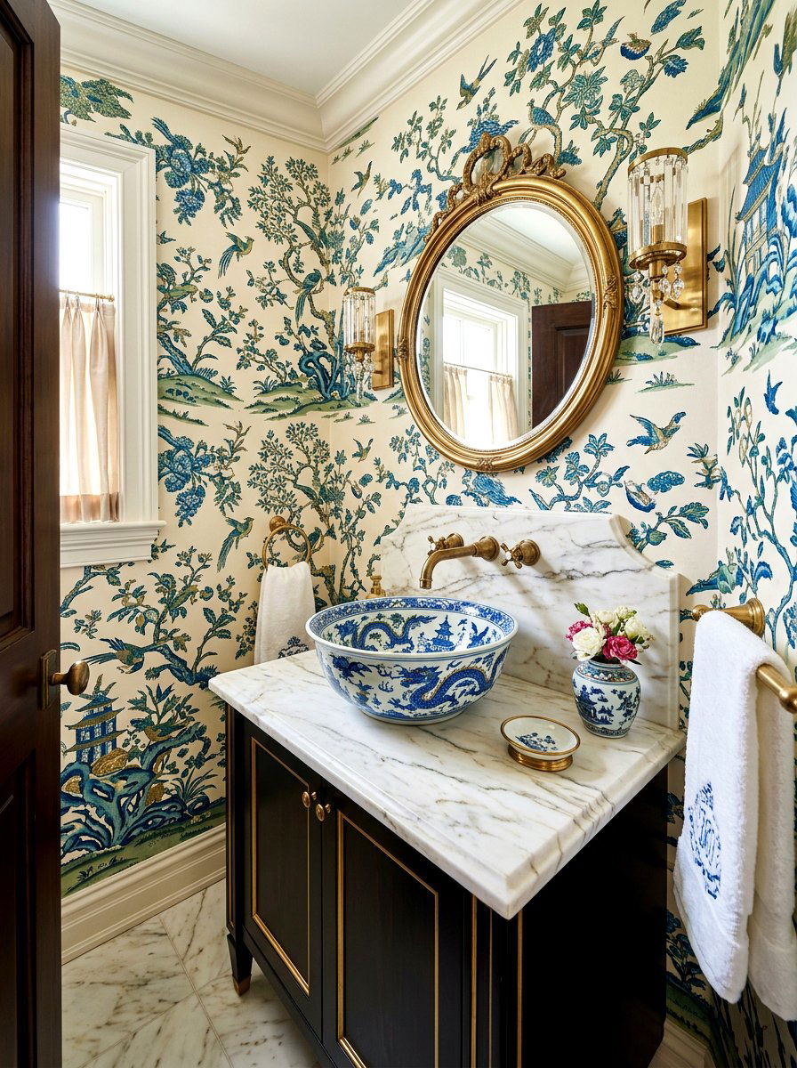 Chinoiserie Powder Room With Vessel Sink - 30 chinoiserie powder room ideas