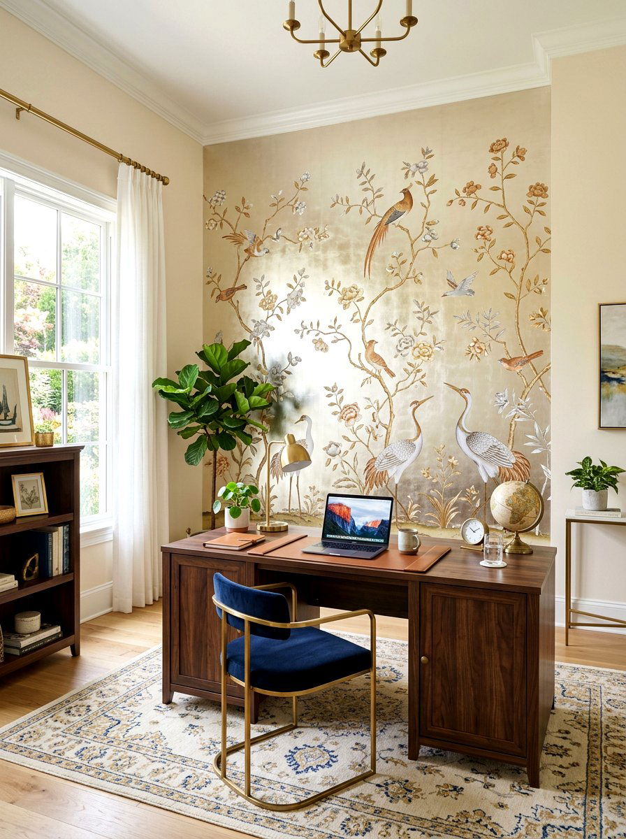 Chinoiserie accent wall office - 30 chinoiserie office ideas