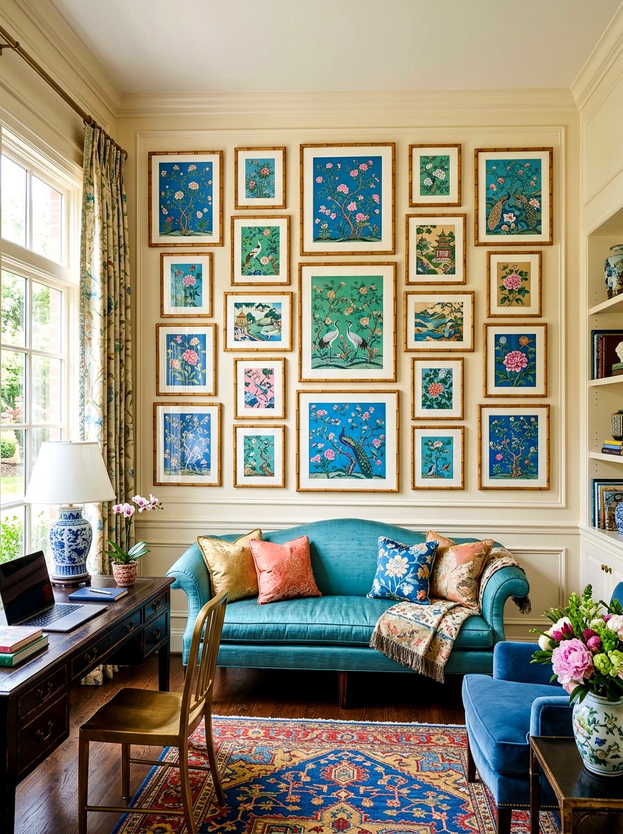 Chinoiserie gallery wall office - 30 chinoiserie office ideas