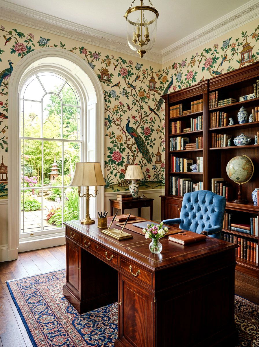 Chinoiserie garden home office - 30 garden print wallpaper ideas