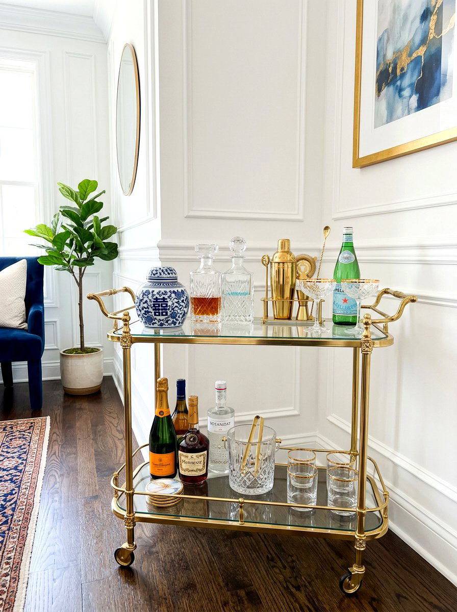 Chinoiserie ginger jar bar cart - 30 blue and white ginger jar decor ideas