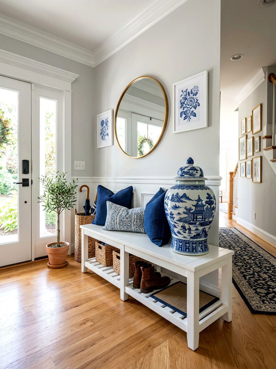 Chinoiserie ginger jar entryway bench - 30 blue and white ginger jar decor ideas