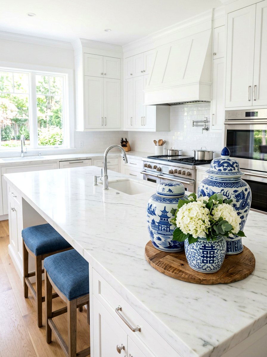 Chinoiserie ginger jar kitchen island - 30 blue and white ginger jar decor ideas