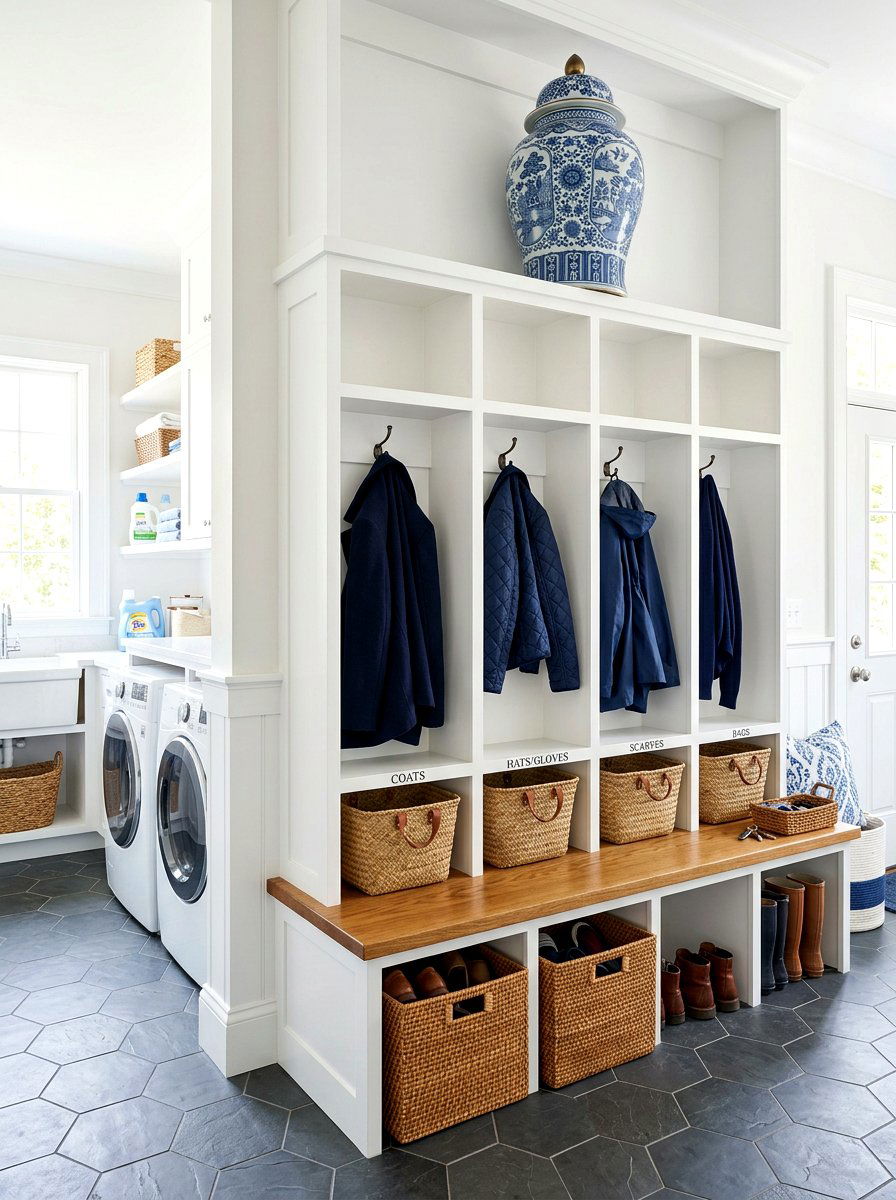 Chinoiserie ginger jar mudroom bench - 30 blue and white ginger jar decor ideas