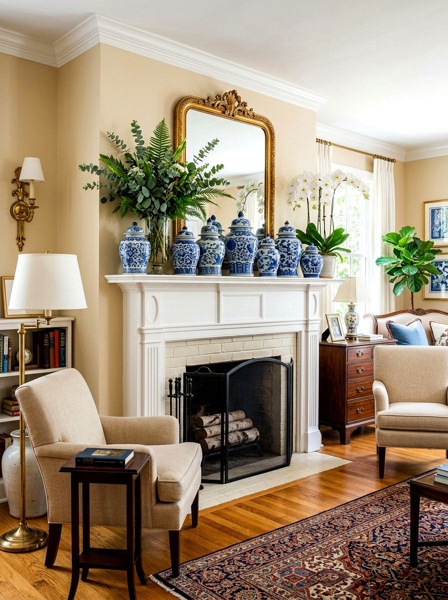 Chinoiserie ginger jars - 30 blue and white living room decor ideas