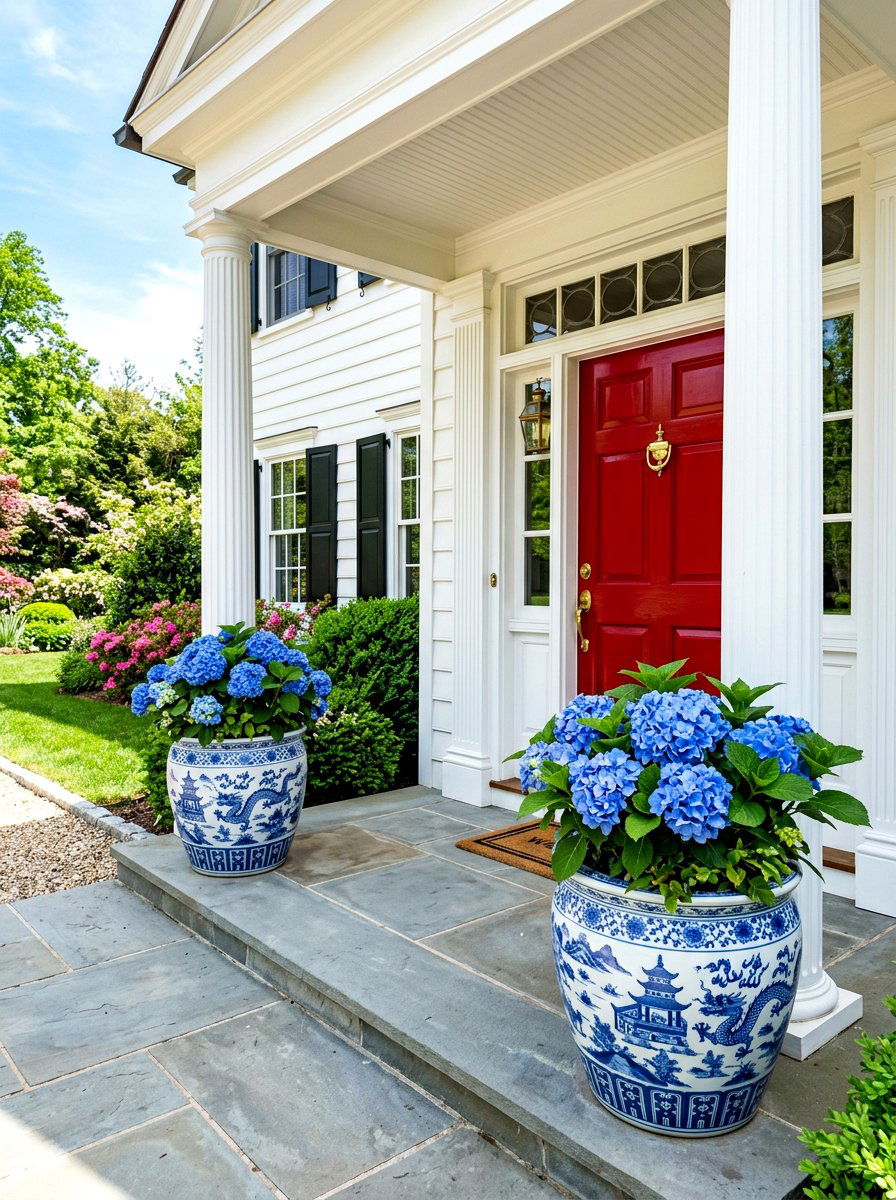 Chinoiserie hydrangea porch planters - 30 hydrangea heavy front porch ideas