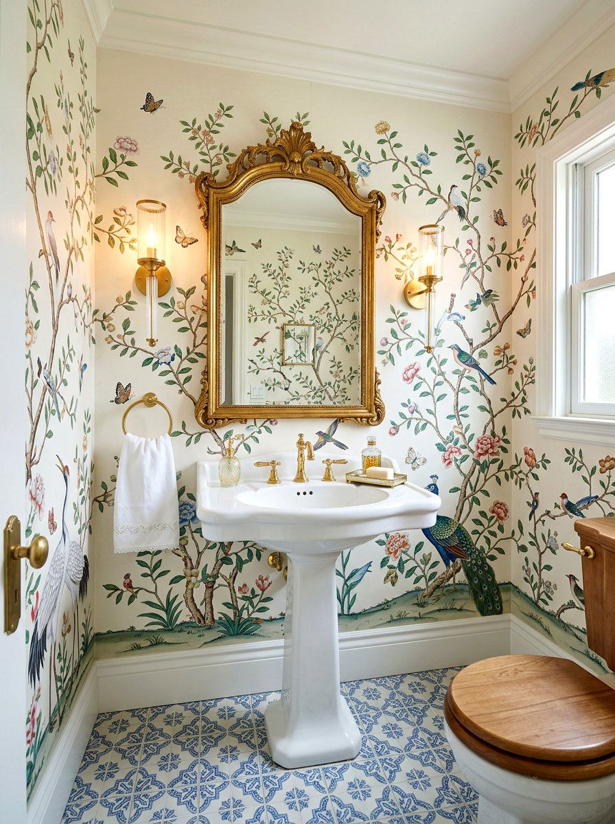 Chinoiserie mural wallpaper - 30 jewel box powder room wallpaper ideas