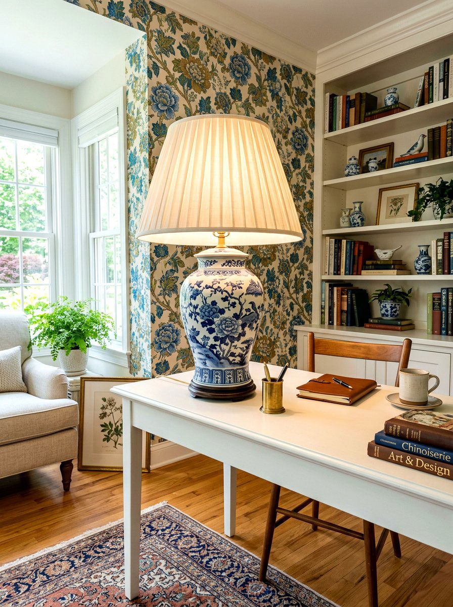 Chinoiserie porcelain desk lamp - 30 chinoiserie office ideas