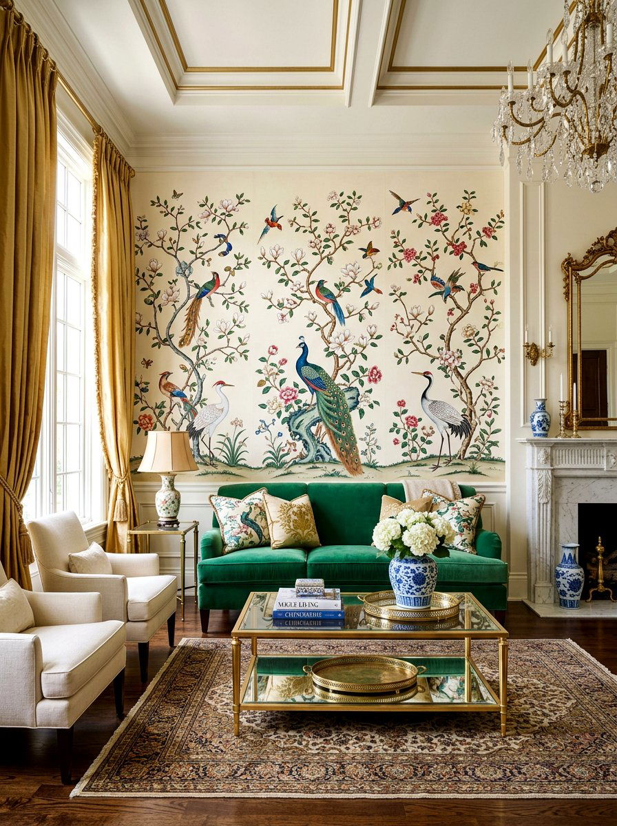 Chinoiserie wallpaper formal living room - 30 wallpaper accent wall ideas