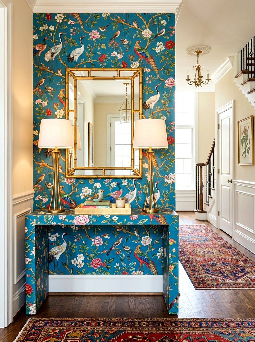 Chinoiserie wallpaper wrapped console table - 30 chinoiserie table ideas