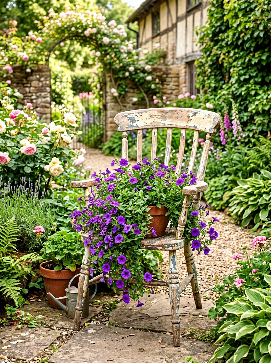 Chipped Paint Chair - 30 rustic container garden ideas