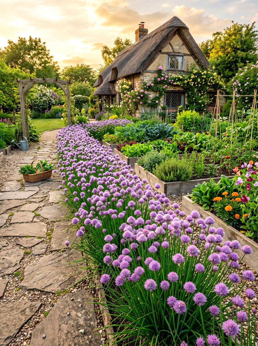 Chive Flower Edging - 30 herb border garden ideas