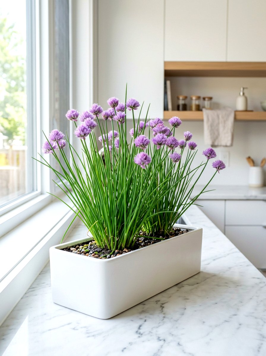Chive Growth In Modern Planter - 30 windowsill vegetable garden ideas