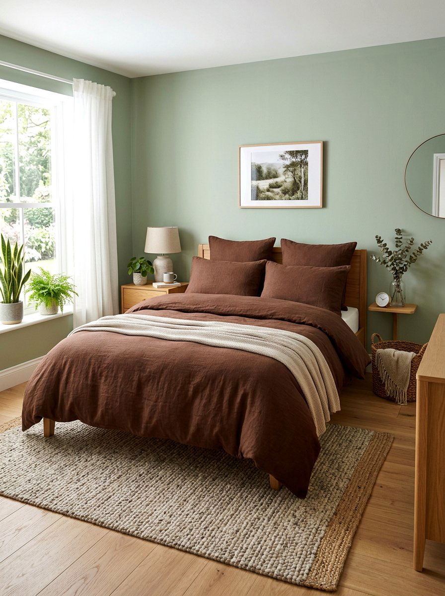 Chocolate brown bedding sage room - 30 sage and cocoa bedroom ideas