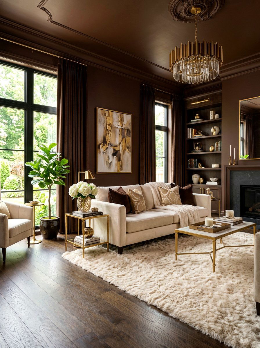 Chocolate brown living room - 30 color drench living room ideas
