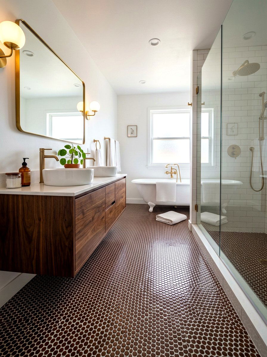 Chocolate brown penny tile floor - 30 chocolate brown bathroom ideas