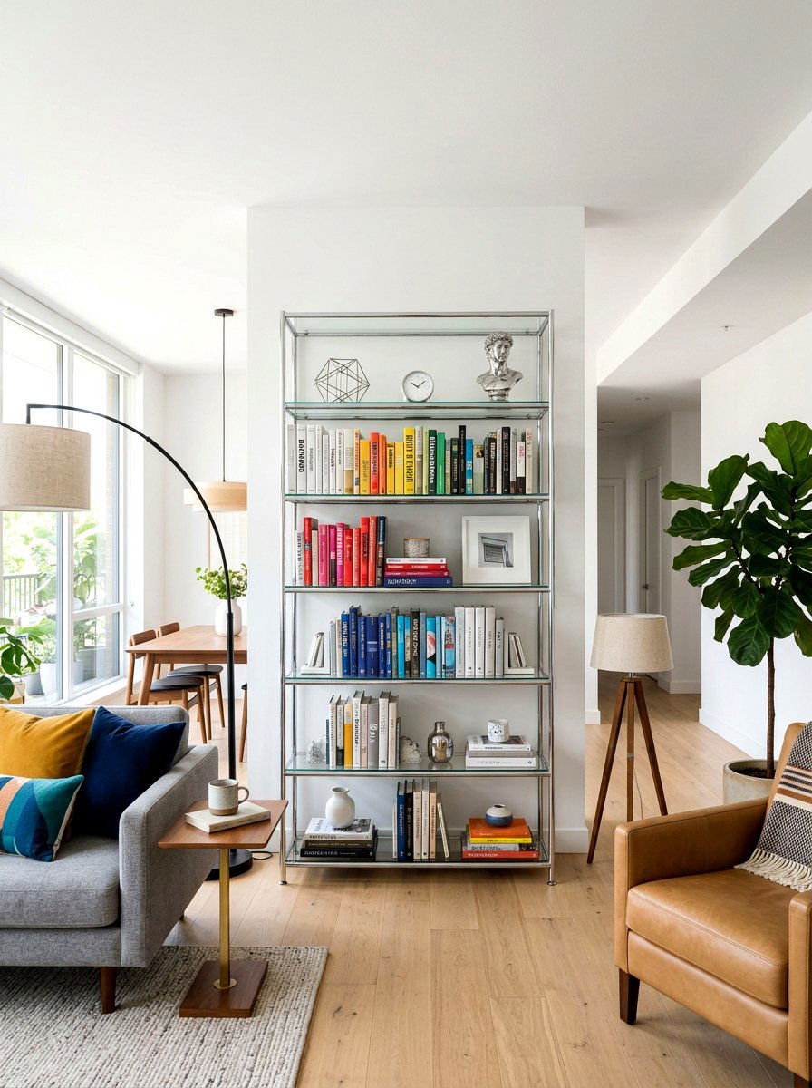 Chrome Bookshelf - 30 chrome aesthetic living room ideas