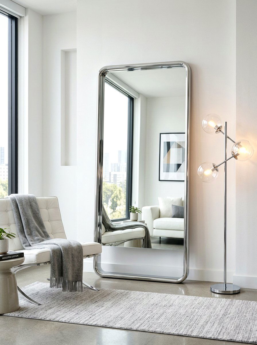 Chrome Frame Floor Mirror Contemporary Room - 30 oversized mirror leaning wall ideas