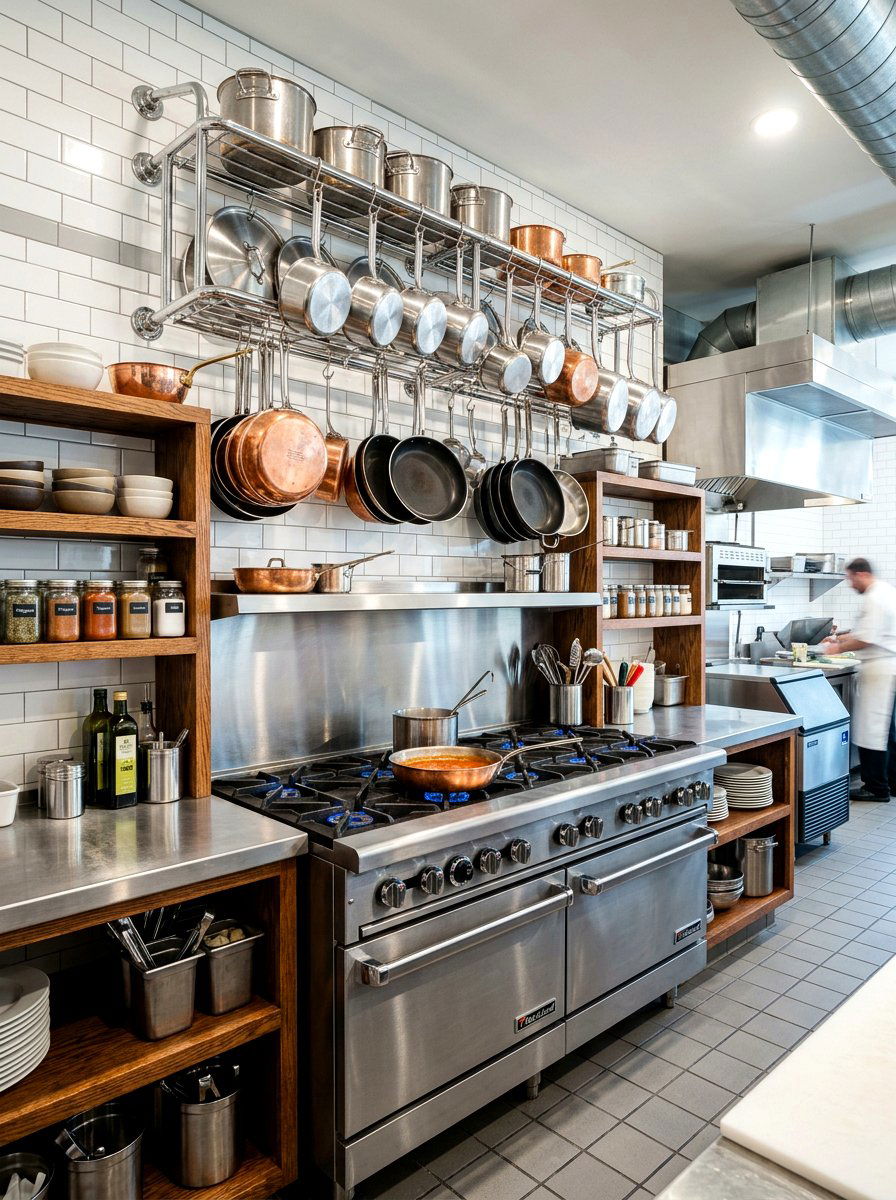 Chrome Pot Rack - 30 chrome kitchen decor ideas