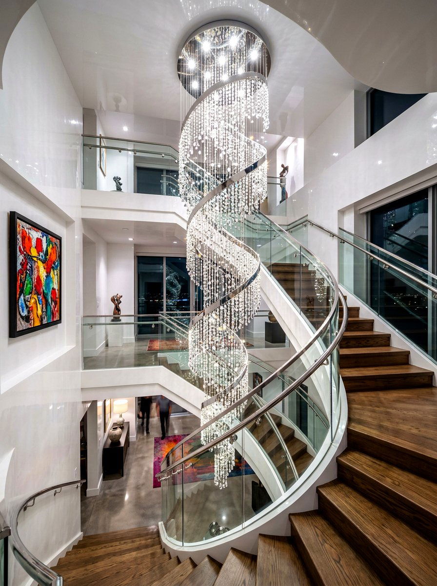 Chrome Spiral Raindrop Light - 30 stairway chandelier ideas