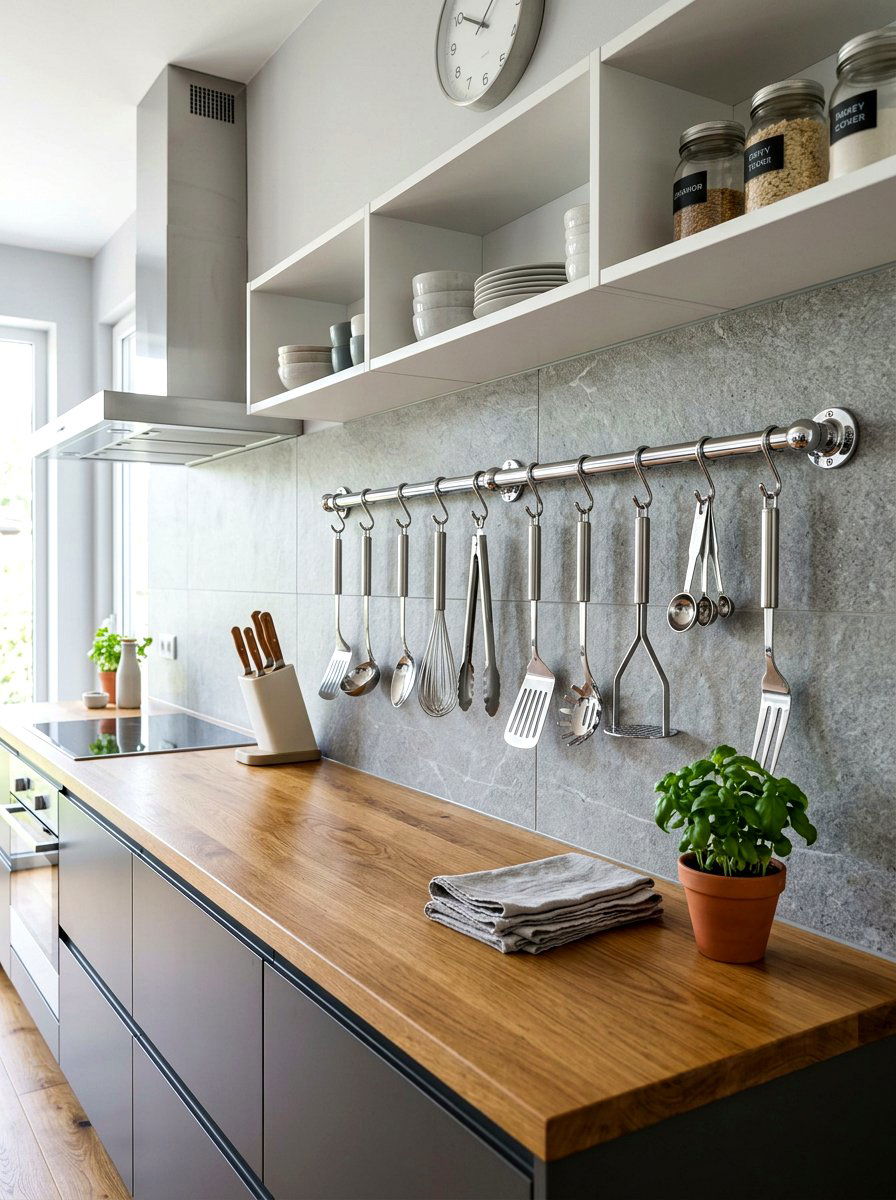 Chrome Utensil Rail - 30 chrome kitchen decor ideas