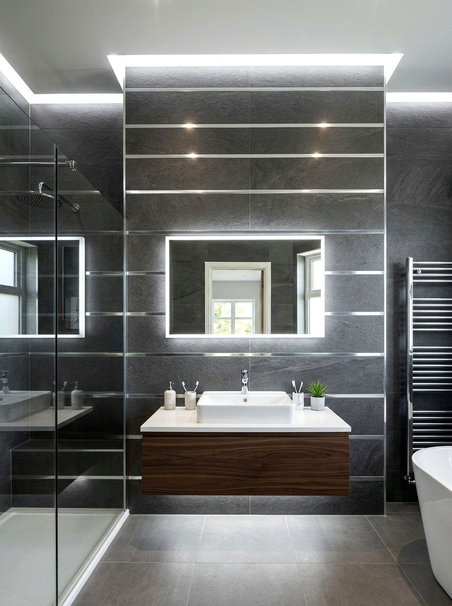 Chrome accent wall strip - 30 chrome bathroom decor ideas