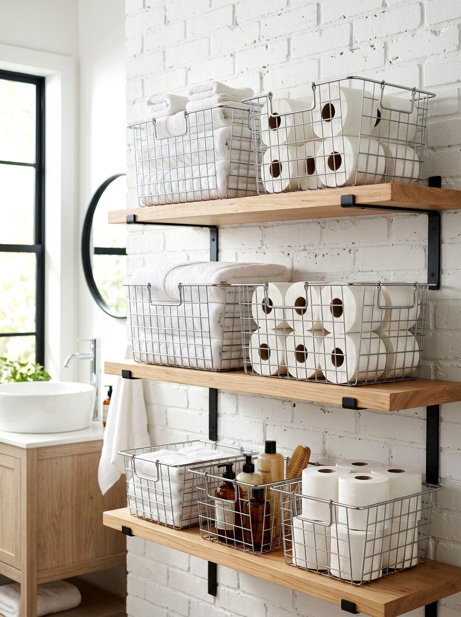 Chrome basket storage - 30 chrome bathroom decor ideas