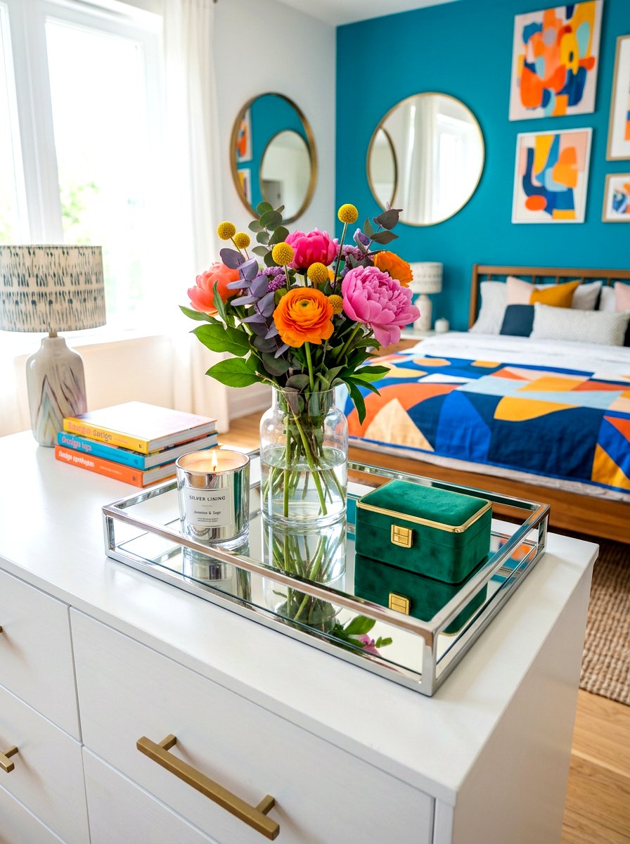 Chrome decorative tray - 30 silver chrome bedroom ideas