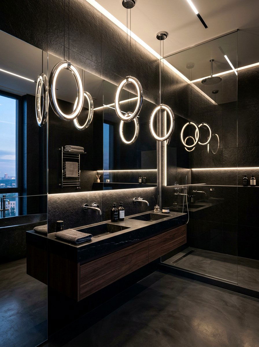 Chrome ring LED pendant - 30 moody bathroom lamp ideas