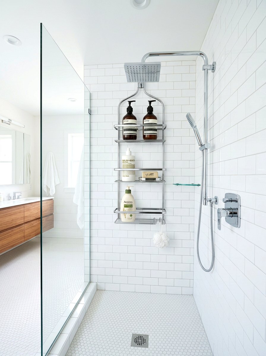 Chrome shower caddy - 30 chrome bathroom decor ideas