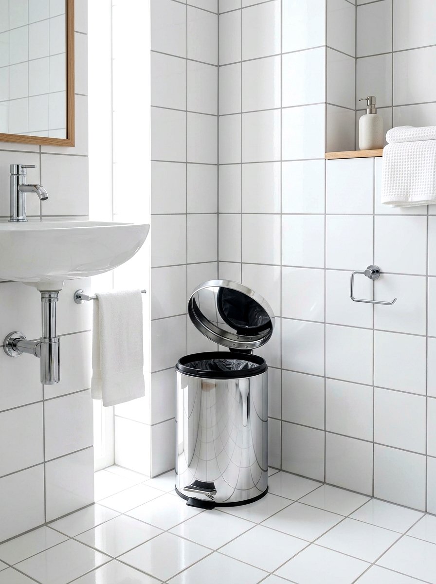 Chrome waste basket - 30 chrome bathroom decor ideas