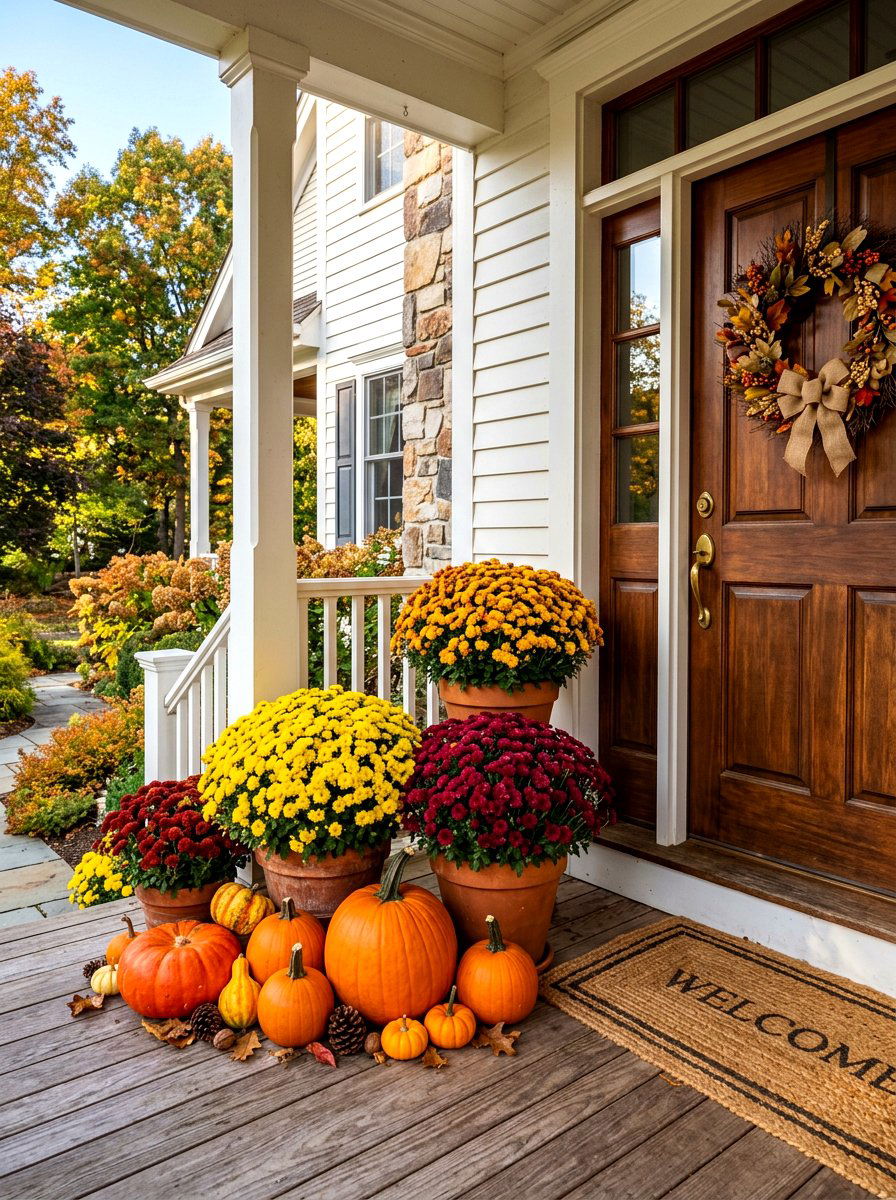 Chrysanthemum and pumpkin porch display - 30 autumn planter ideas
