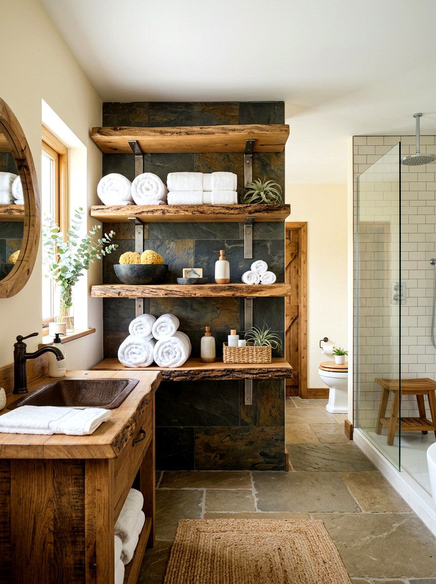 Chunky Natural Wood Shelves - 30 bathroom linen shelf ideas