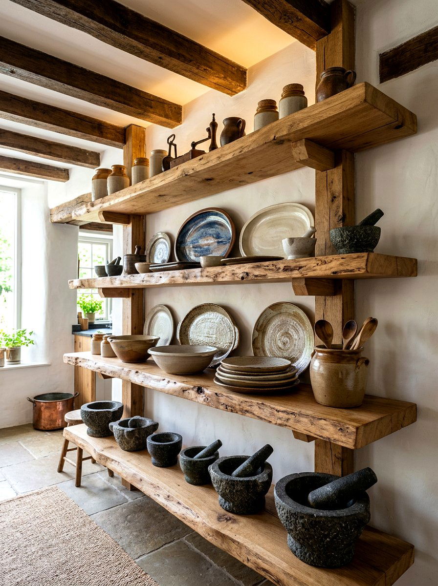 Chunky Timber Open Shelves - 30 kitchen open shelf styling ideas